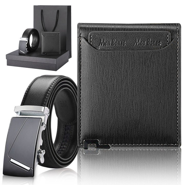 Set Curea si Portofel, Tressino, Piele Naturala, Cu Protectie RFID, Buckle Centura Automata, Negru
