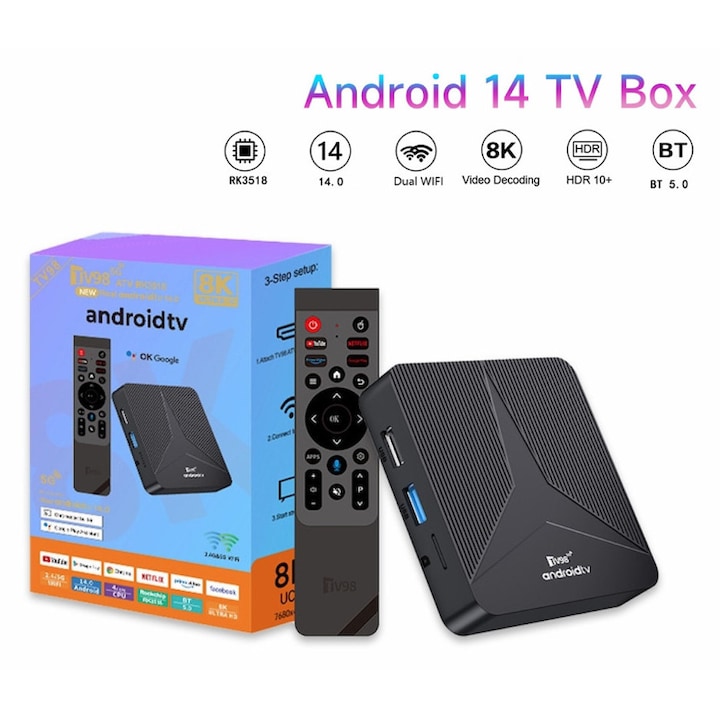 Медияплейър 8K HDR, Мини Смарт ТВ Бокс, 2025NEW, BIGLISTENING®, Android 14.0, 2GB+16GB ROM, Гласов асистент Google, WiFi 2.4G/5G, HDMI, поддръжка на антена/YouTube/Netflix, функция за свързване, Черен