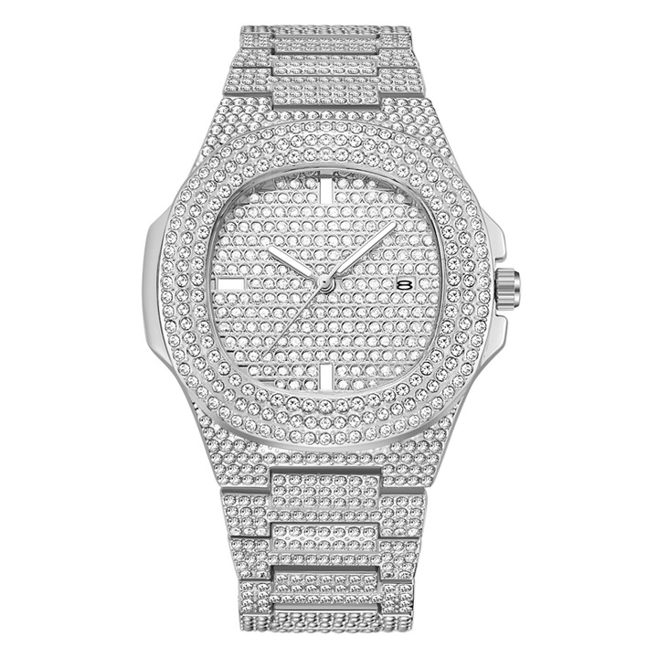 Ceas Quartz Unisex Luxury Argintiu cu Cristale Diamond