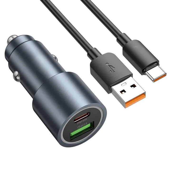 Incarcator auto Port tip C de 30W, USB-A 18W. Incarcare rapida. Indicator LED. Cu cablu