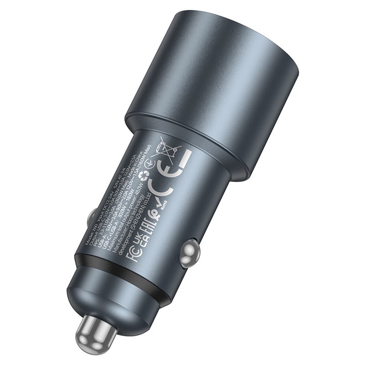 Incarcator auto Port tip C de 30W, USB-A 18W. Incarcare rapida. Indicator LED. fara cablu