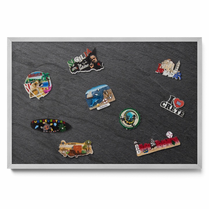 Tabla magnetică decorativă Tulup, imprimeu pe textură de piatră, ramă argintie, 60x40cm