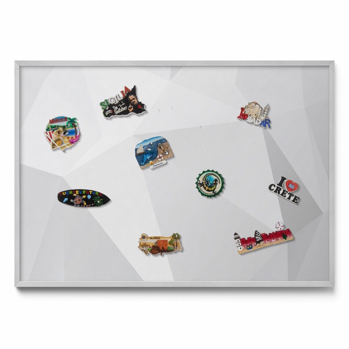 Tabla magnetică decorativă, Tulup, fundal geometric 3D, ramă argintie, 100x70cm