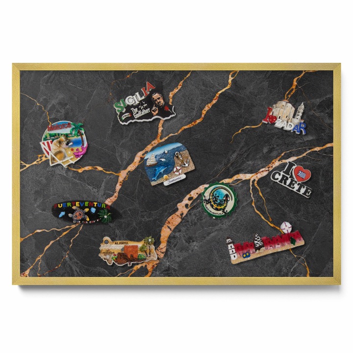 Tablă magnetică decorativă Tulup, marmură închisă, ramă aurie, 60x40cm