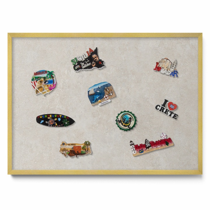 Tabla magnetică de perete, Tulup, textură subtilă de gresie, ramă aurie, 70x50cm