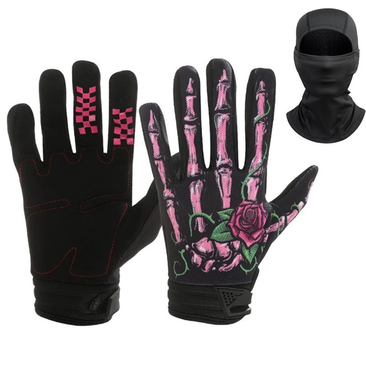 Unloshe, manusi de motocicleta pentru barbati si femei, compatibile cu ecran tactil, manusi usoare pentru cross, antiderapante, model schelet, pentru mers pe motocicleta, culoare neagra, roz, M