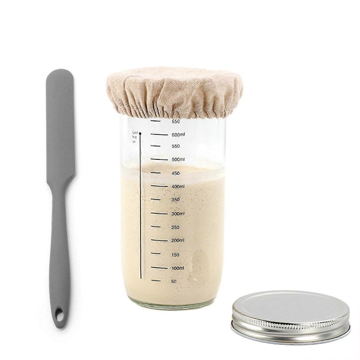 Kovászos kenyér készítő eszköz készlet, 730ml, üveg, alumínium fedél, szilikon spatula