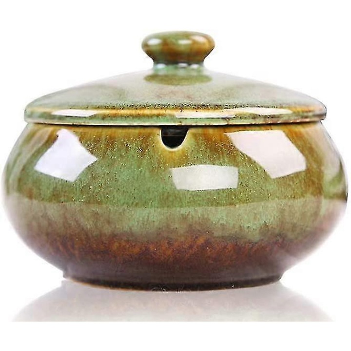 Scrumiera ceramica cu capac, design elegant, verde, 14.5x14.5x9.5cm