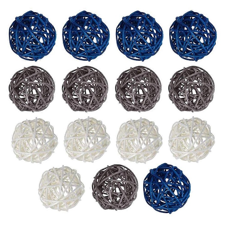 Set 15 bile decorative din ratan, albastru/gri/alb, 5cm