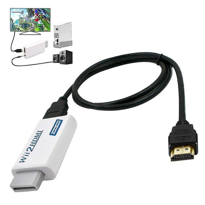 Wii към HDMI адаптер с 1.5м конвертиращ кабел, бял, размери 4x3x1.5см