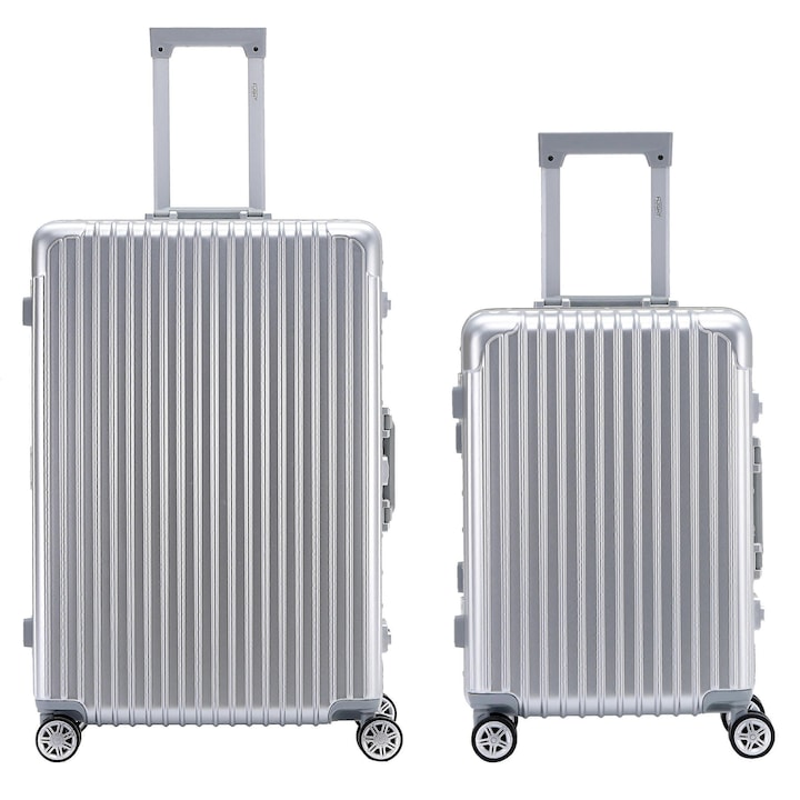 Troler Cabin Flight Knight, 55x37x22cm, 4 roti multidirectionale, design iconic, culoare argintie, 2 buc