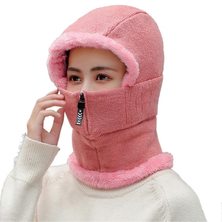 Унисекс шапка с предпазител за лице и врат, акрил, розова, 54-58см