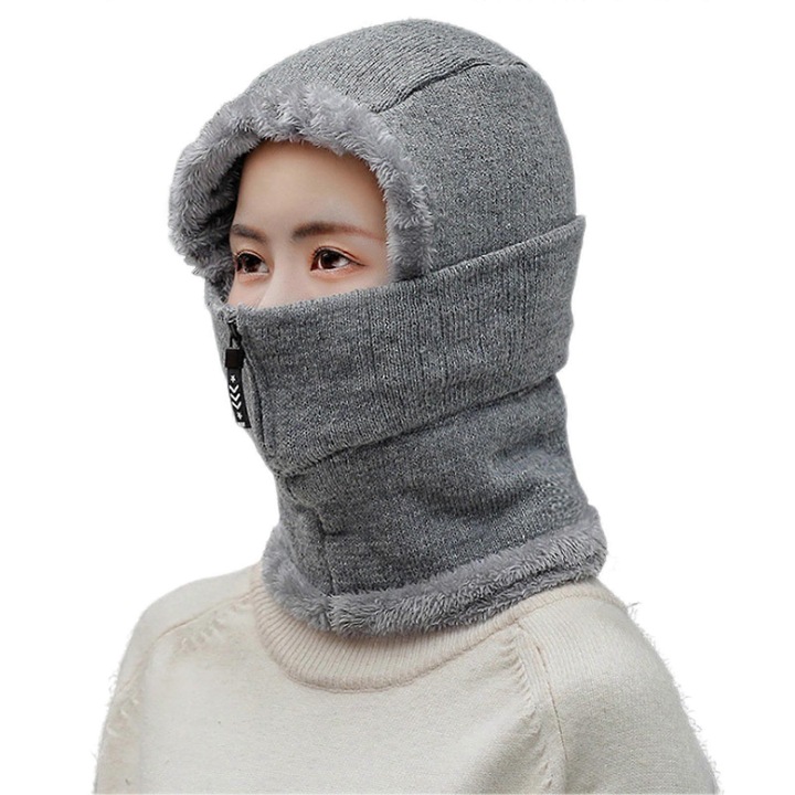 Унисекс акрилна шапка, сгъваем дизайн, със защита за лицето и врата, сива, 54x58см
