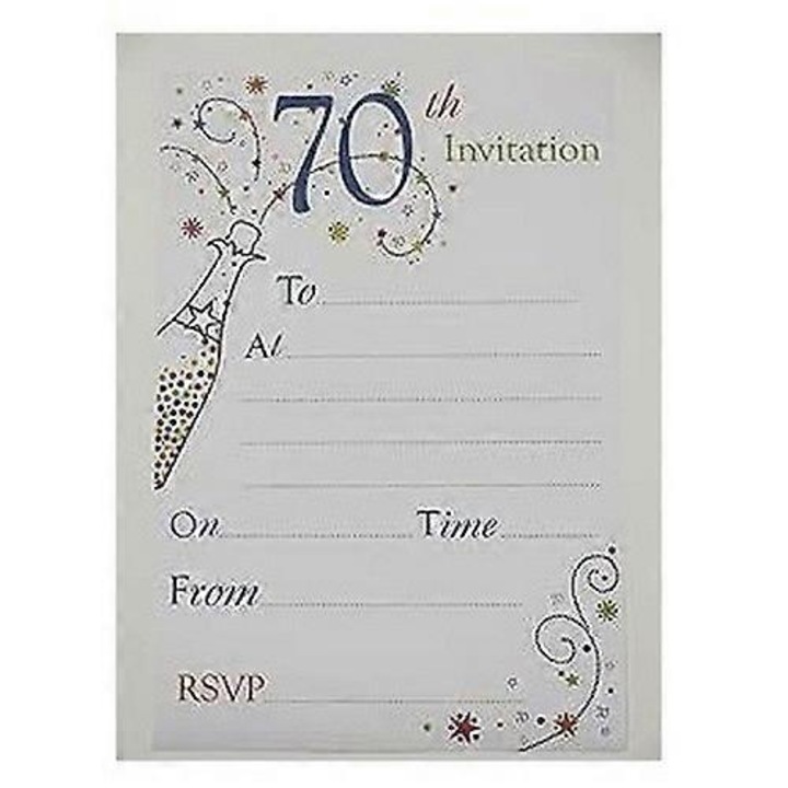 Invitatii tiparite 70 de ani, set de 20, design sticla de sampanie, suprafata scrisa, card