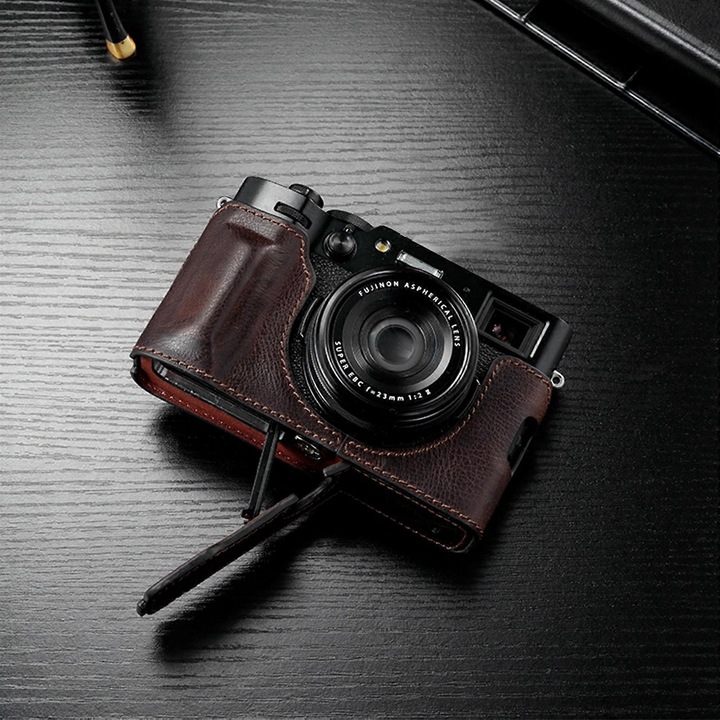 Husa din piele pentru camera Fujifilm X100VI, maro inchis, acces usor la baterie, set husa doar.