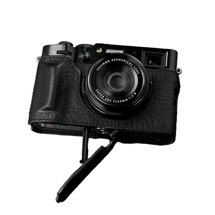Husa din piele pentru camera Fujifilm X100VI, neagra, design personalizat, acces usor la baterie