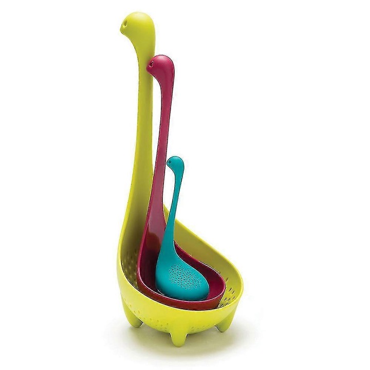 Set 3 piese polonice, linguri si infuzor, GUOXING, inspirat de monstrutul Loch Ness, albastru-verde-purpurie, 24x10cm