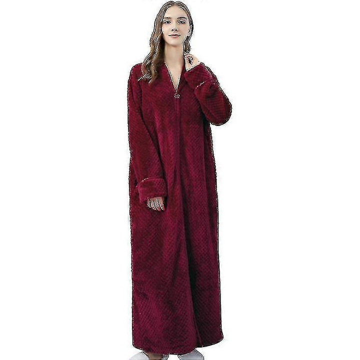 Halat de baie pentru femei, flanel fleece, cu fermoar, lung, rosu, marime L