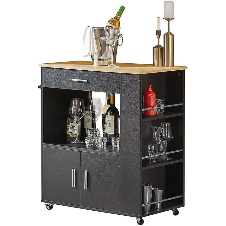 Carucior de bucatarie, negru, 82x46x88cm, cu 4 roti, rafturi laterale, suport pentru prosoape