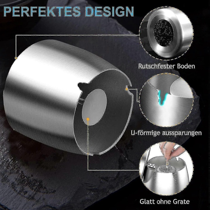 Scrumiera din otel inoxidabil cu capac, rezistenta la vant si ploaie, design elegant, culoare argintie, utilizare interioara si exterioara