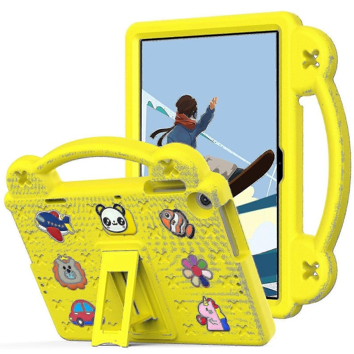 Tabletok tok Lenovo Tab M10 (Gen 3) készülékhez, EVA védelem, masszív kialakítás aranyos mintákkal, sárga, állvánnyal és fogantyúkkal