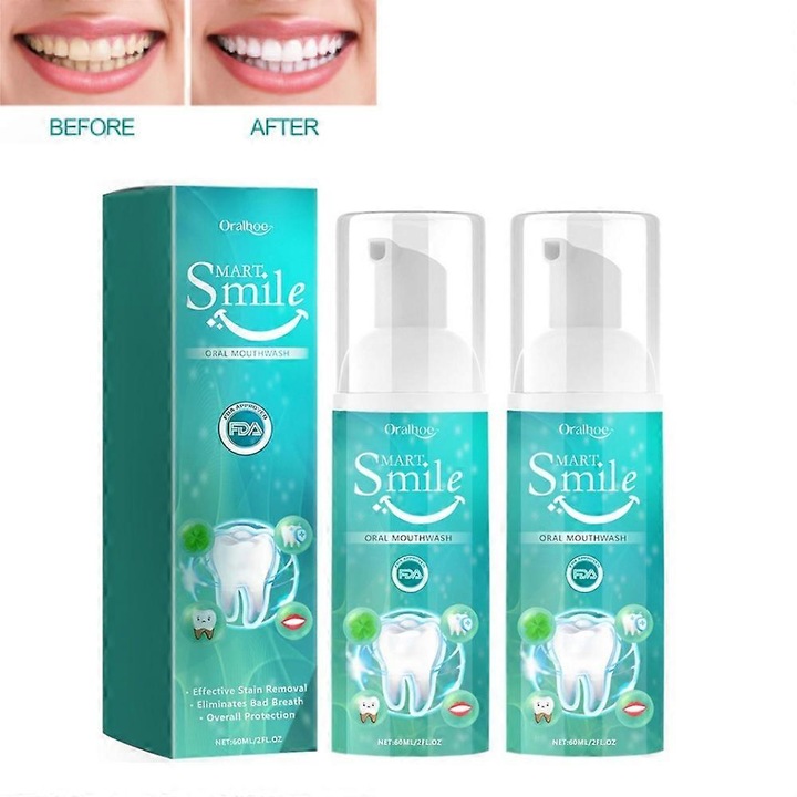 Spuma de curatare orala, 2 buc, Smile, fara alcool, cu extracte din plante, 12 ore, ORALHOE