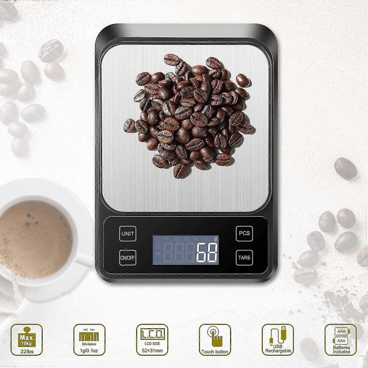 Konyhai mérleg, 10kg/1g, rozsdamentes acél, LCD kijelzővel, Tare funkcióval
