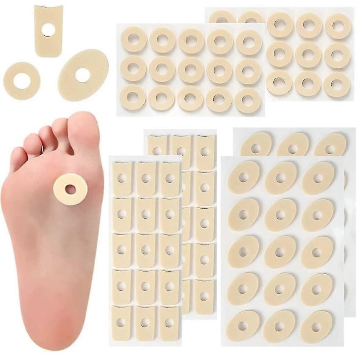 Set 90 plasturi din spuma moale pentru calusuri, forme ovale, circulare si in U, 3 cm x 2.4 cm, 1.7 cm, 2.8 cm x 1.7 cm