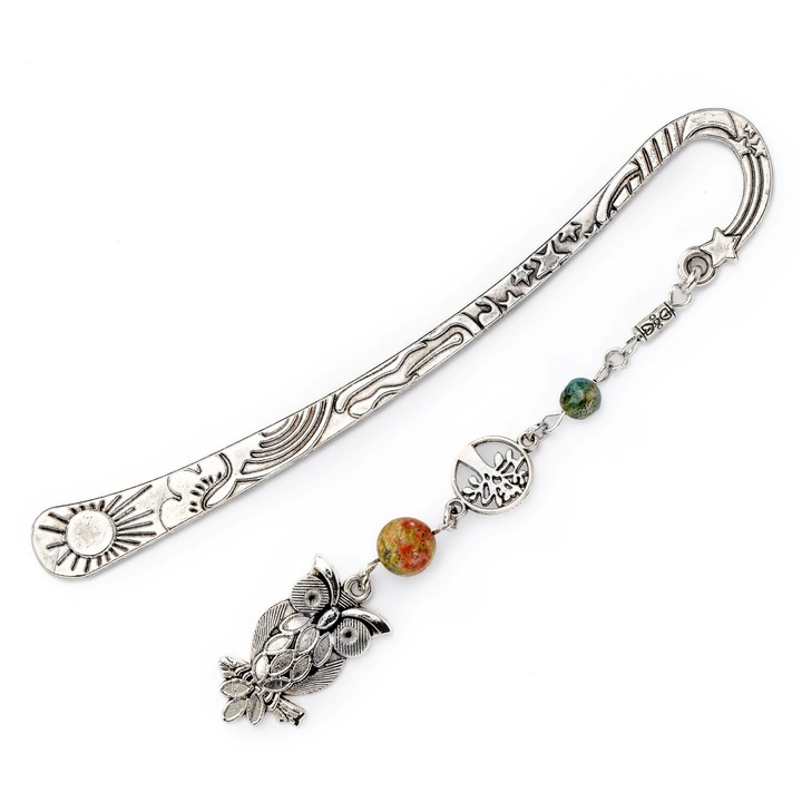 Semn de carte cu bufnita, Dar cu dor, elemente metalice argintii si margele semipretioase, multicolor