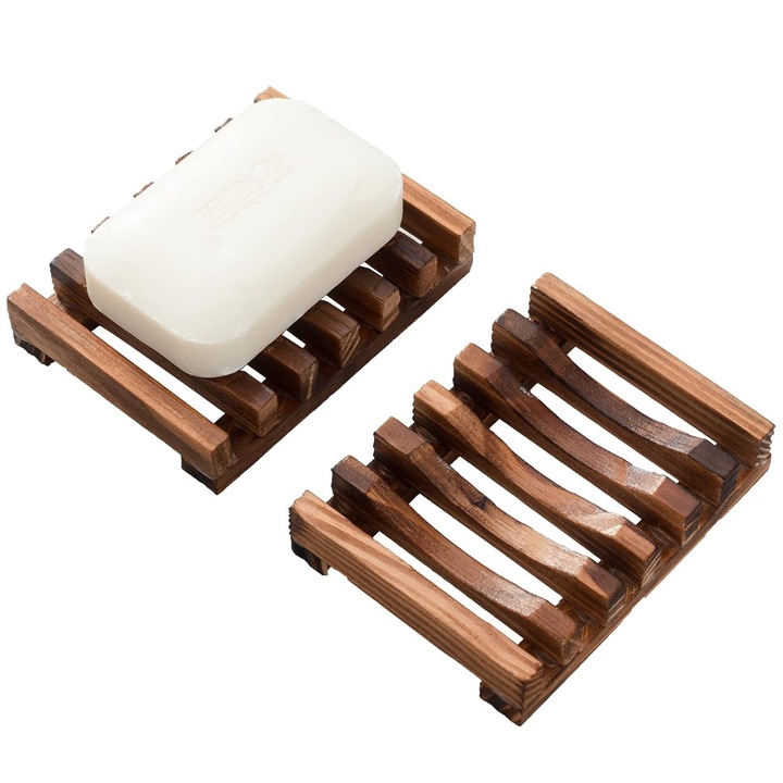 Set 2 suporturi pentru sapun din lemn natural, Axroad Mall, design ergonomic, antiderapant, maro, 11.5x8x2cm