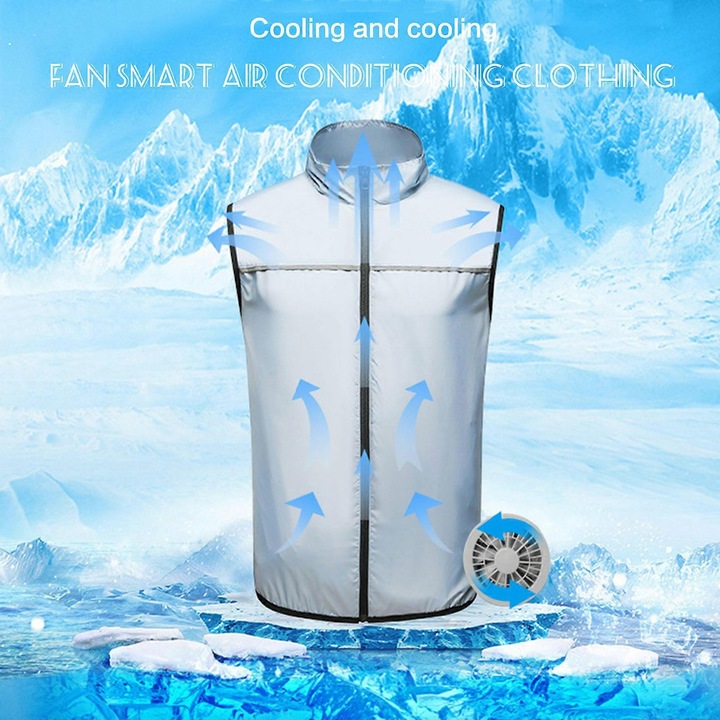 Vesta de racire cu ventilatoare, gri/camuflaj, pentru barbati si femei, material din fibre sintetice