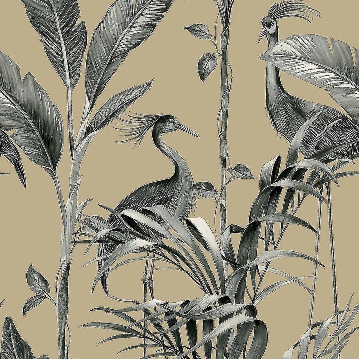 Azzurra Leaf tapéta, madár és levél mintás, arany, 10m x 53cm