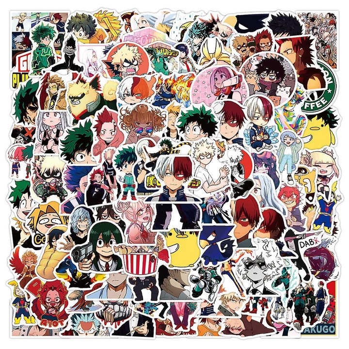 My Hero Academia dekoratív matricaszett, 100 darab, PVC, 5-7 cm, többszínű