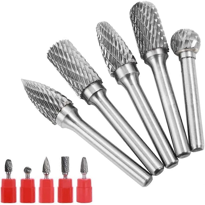 Set 5 burghie rotative din carbura de tungsten, 6x8mm, lungime totala 54-68mm, pentru prelucrarea metalului si lemnului