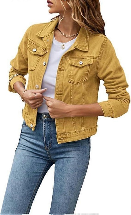 Női farmerdzseki, kiváló minőségű anyag, alkalmi, zsebekkel, Sárga
