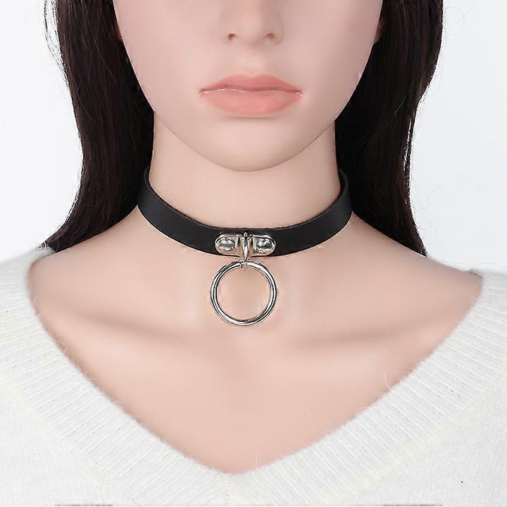 Colier choker din piele neagra, ajustabil, pentru femei si fete