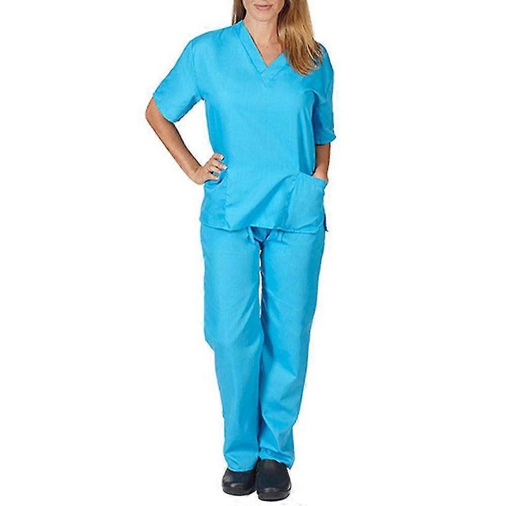 Set uniforma medicala pentru femei, costum spital, albastru deschis, poliester, bluza cu decolteu in V, pantaloni lungi, S