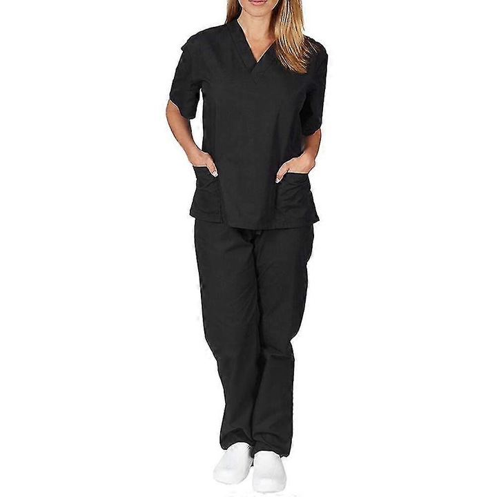 Set uniforma medicala pentru femei, bluza cu decolteu in V si pantaloni lungi, negru, poliester, L