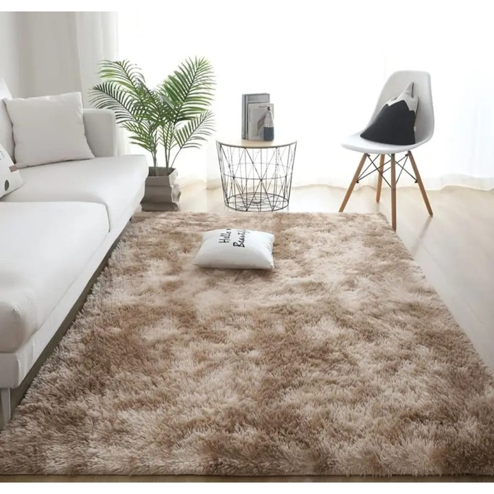 Covor Super Pufos, 150x200cm, Material Fluffy, pentru Orice Tip de Camera, Crem