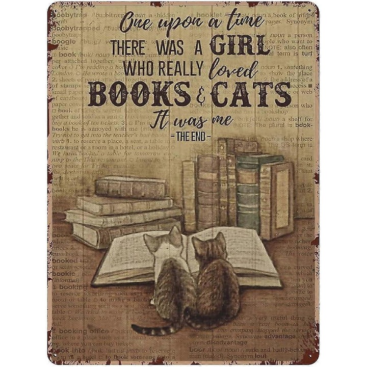 Semn metalic retro "A fost o fata care iubea cartile si ceaiul", decorativ, 16x12 inch, multicolor
