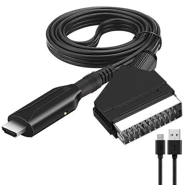 Converter Scart la HDMI, adaptor cu cablu USB si HDMI, rezolutie 1080p, 1 port Scart, 1 port HDMI
