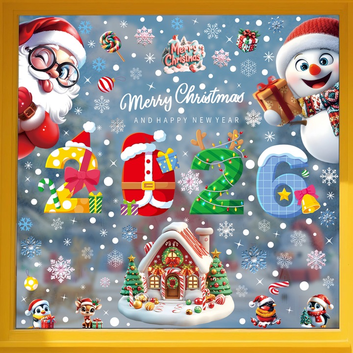 Matrică electrostatică de Crăciun colorată cu bastoane dulci și clopoței, decor fereastră Merry Christmas, reutilizabil