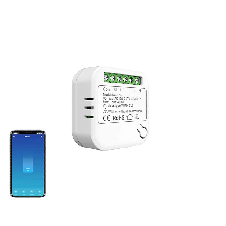 Modul de comutare WiFi Tuya Mini fara neutru, control prin aplicatie, 46x46x18mm, set