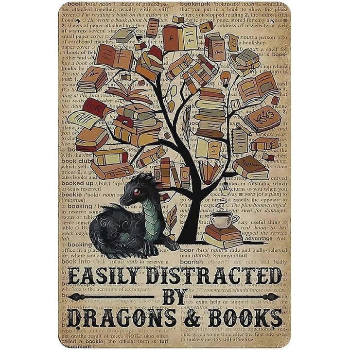 Semn metalic retro "A fost o fata care iubea cartile si ceaiul", decorativ, 30x20cm, set de 4 gauri pre-perforate pentru agatare