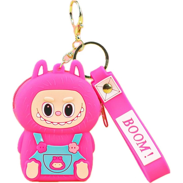 Mini gyerek táska, kulcstartóval és cipzárral, rajzfilm design, érméknek és apró kiegészítőknek, Rózsaszín lila