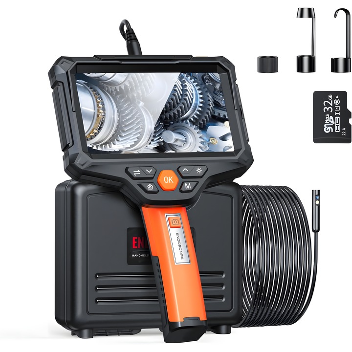 goBERA® professzionális ipari endoszkóp, Dupla lencse, 5" IPS HD 1920P kijelző, 2MP, 8+1 LED, IP67 vízálló, 4400mAh akkumulátor, 5 méteres kábel, 32GB SD kártya, kompakt, hordozható, autóipari, HVAC és ipari ellenőrzésekhez