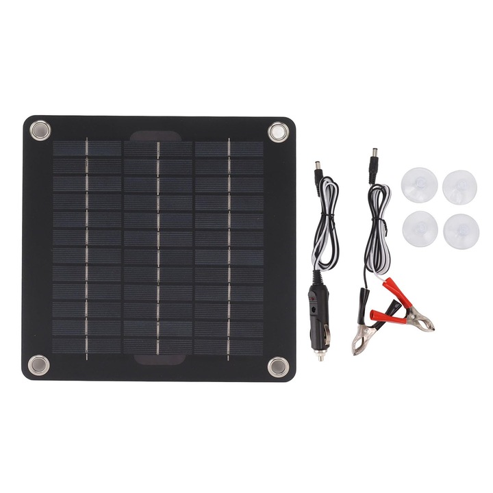 Panou solar din siliciu monocristalin de 12V 10W, sursa de alimentare portabila pentru panouri solare, sursa de alimentare pentru exterior cu adaptor tip clema tip crocodil, aplicatie larga, Negru