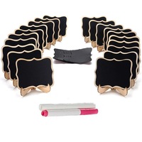Set 10 tabla de scris pe suport din lemn, Axroad Mall, Etichete prezentare cu suport, Cu 10 autocolanta si 2 marker, Suport detasabil pentru masa, Multifunctionala pentru mesaje si numere de masa la nunti, Rezistenta la apa, 10*12*5cm, Negru