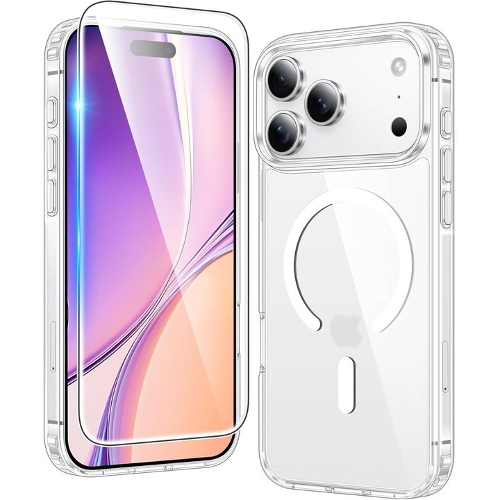 Carcasa pentru iPhone 17 Pro Max, transparenta, magnetica, cu protectie pentru ecran, subtire, anti-ingalbenire