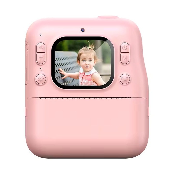 Camera foto pentru copii, 1080P HD, 4 role de hartie, potrivita pentru copii de peste 3 ani, cu snur, roz